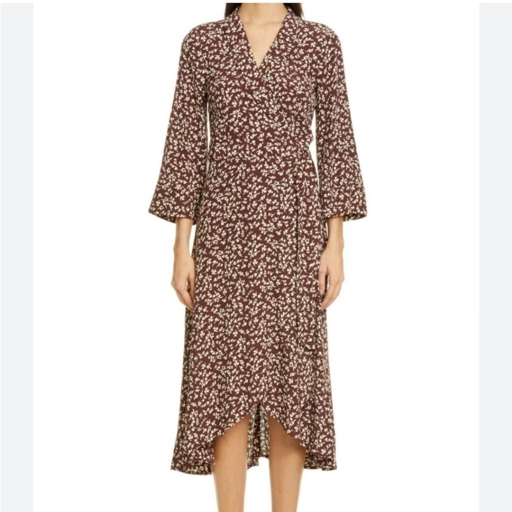 Ganni Printed Crepe Wrap Dress Decadent Chocolate